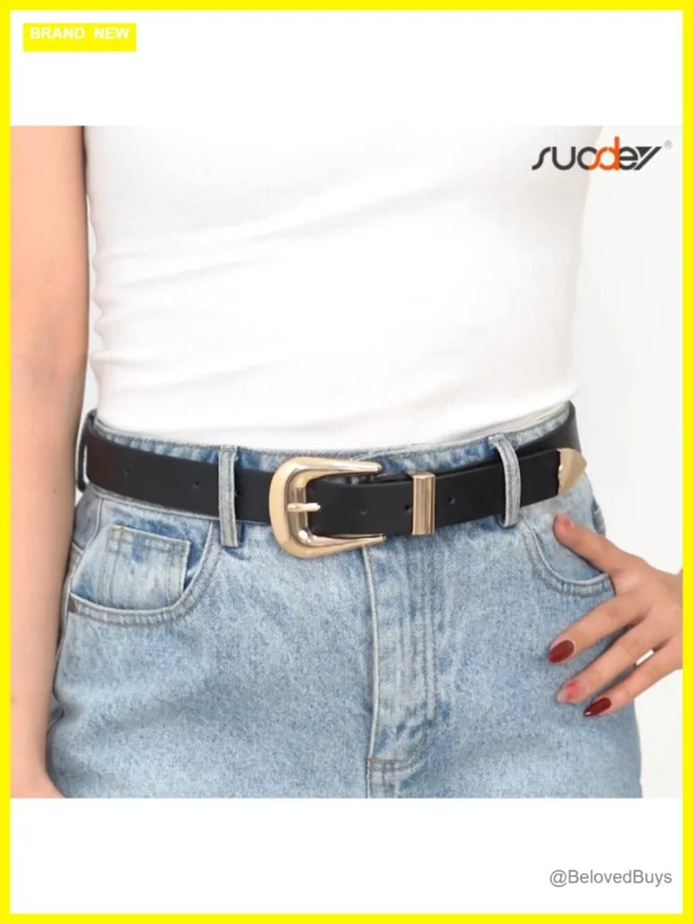 Women's Faux Leather Belt with Gold Buckle | Western Waist Belt for Jeans &